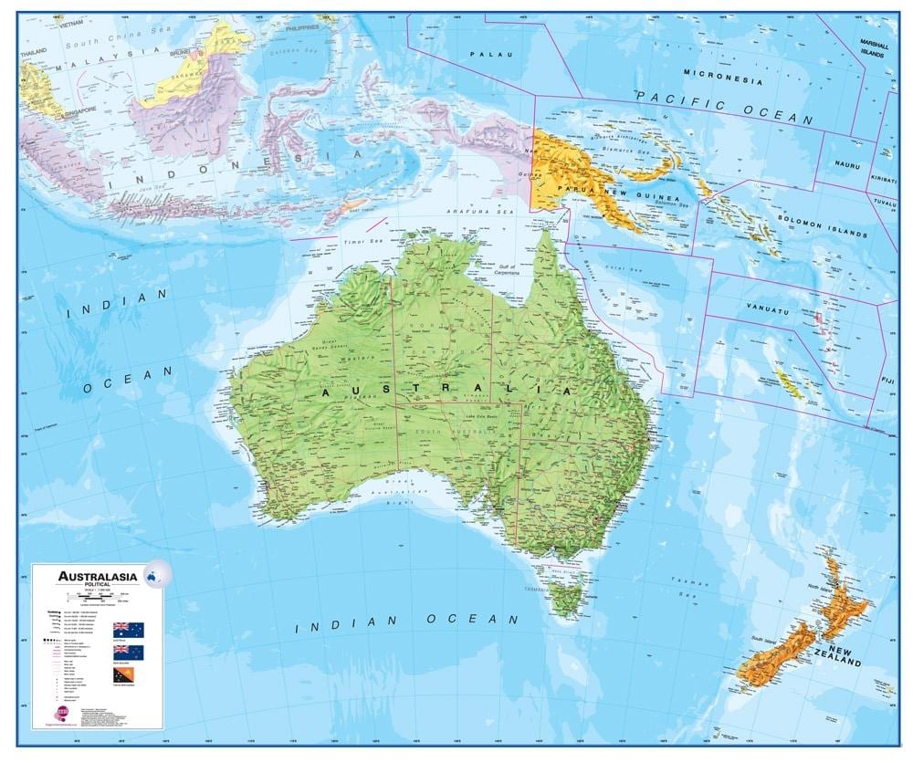 Karta Australija i Novi Zeland fizička