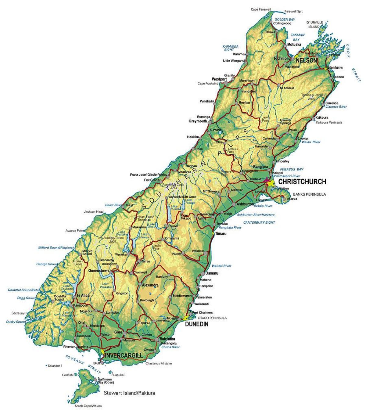 karta Južne Novom Zelandu