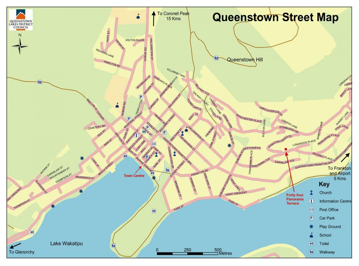 mapa ulica grada queenstown, Novi Zeland