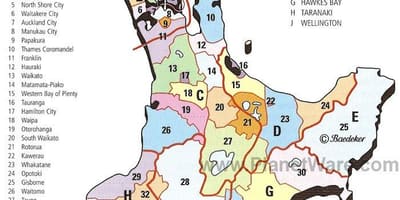 Karta novozelandskog Sjevernog otoka i područja